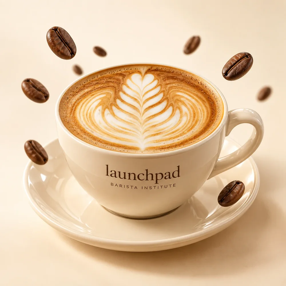 Finished Launchpad cappuccino with rosetta latte art