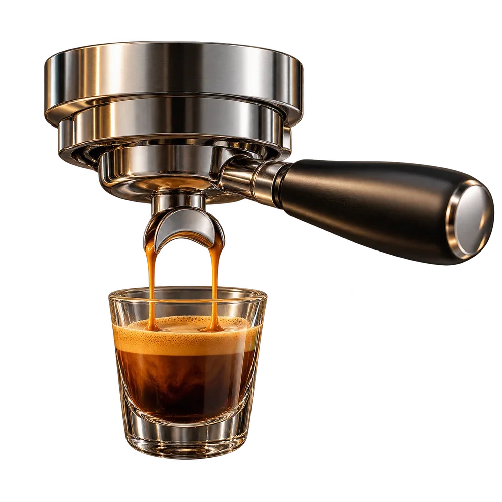 Two caramel espresso streams pouring from a portafilter into a clear espresso glass