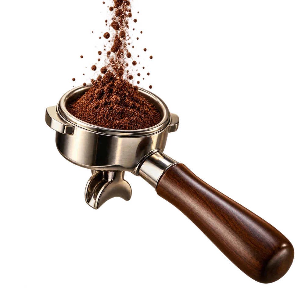 Fresh ground coffee falling into a professional espresso portafilter